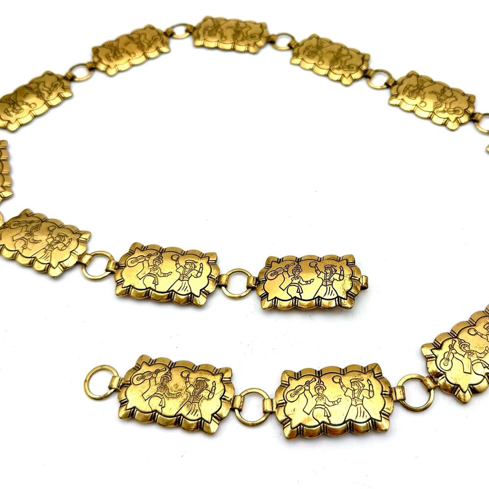 Vintage Linked Metal Chain Belt Gold 34” Dancing Musicians Bohemian Renaissance